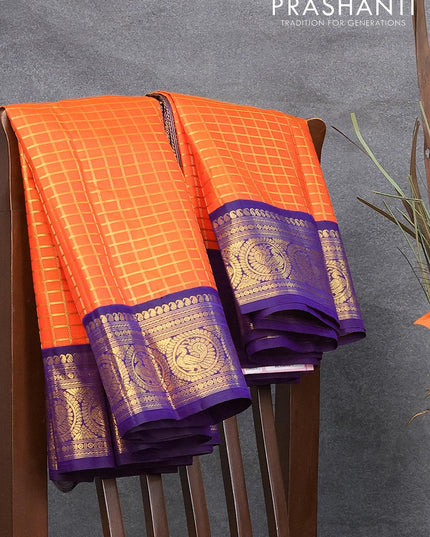 Pure kanjivaram silk saree orange and deep violet with allover zari checked pattern and annam zari woven border - {{ collection.title }} by Prashanti Sarees