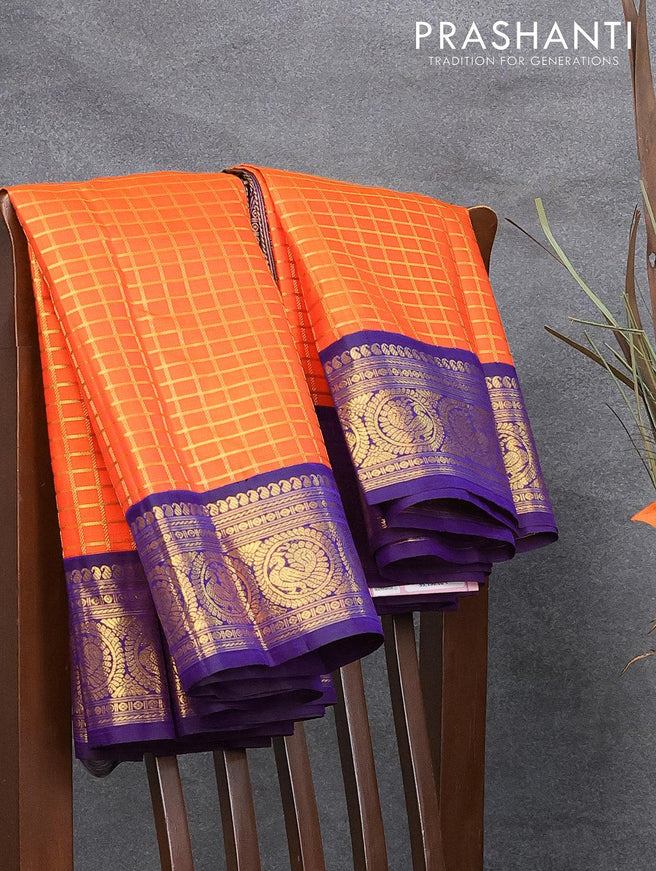 Pure kanjivaram silk saree orange and deep violet with allover zari checked pattern and annam zari woven border - {{ collection.title }} by Prashanti Sarees