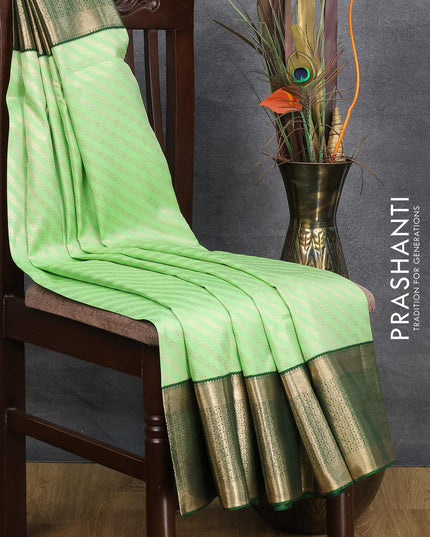 Pure kanjivaram silk saree pastel green and dark green with allover zari woven stripes pattern and long zari woven border - {{ collection.title }} by Prashanti Sarees