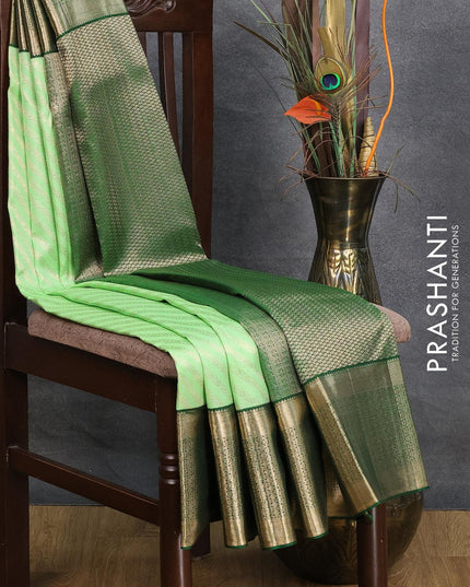 Pure kanjivaram silk saree pastel green and dark green with allover zari woven stripes pattern and long zari woven border - {{ collection.title }} by Prashanti Sarees