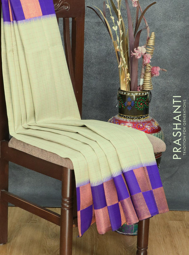 Pure kanjivaram silk saree pastel grey and blue with allover zari checked pattern and copper zari woven box type border - {{ collection.title }} by Prashanti Sarees