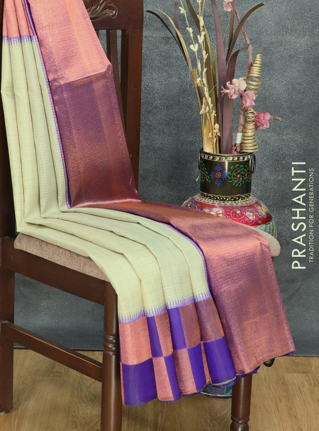 Pure kanjivaram silk saree pastel grey and blue with allover zari checked pattern and copper zari woven box type border - {{ collection.title }} by Prashanti Sarees