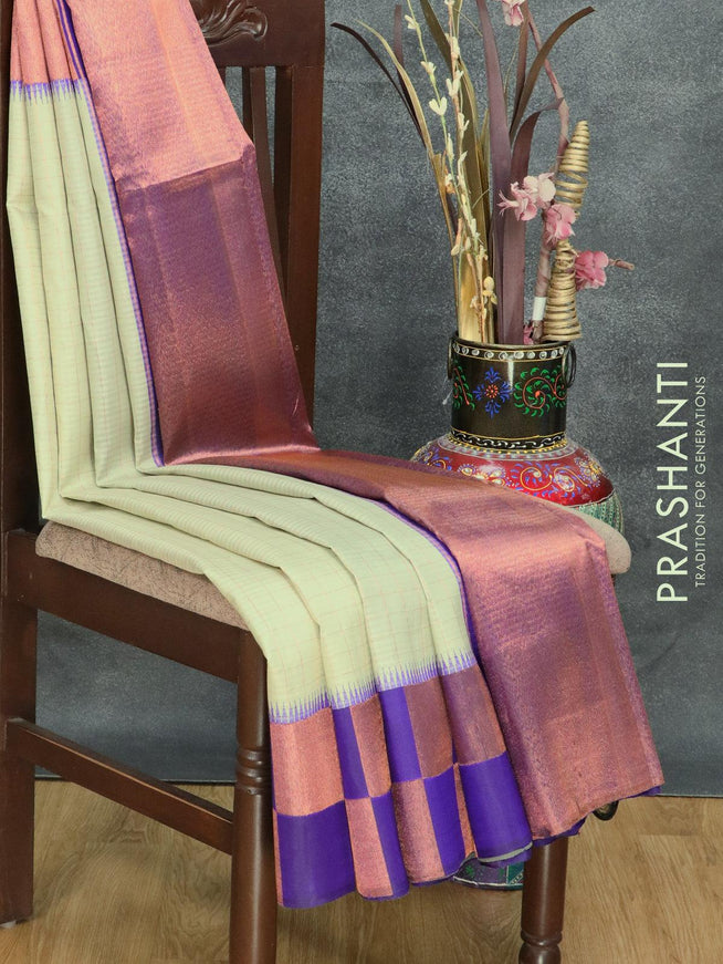 Pure kanjivaram silk saree pastel grey and blue with allover zari checked pattern and copper zari woven box type border - {{ collection.title }} by Prashanti Sarees