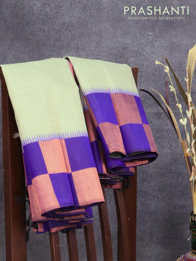 Pure kanjivaram silk saree pastel grey and blue with allover zari checked pattern and copper zari woven box type border - {{ collection.title }} by Prashanti Sarees