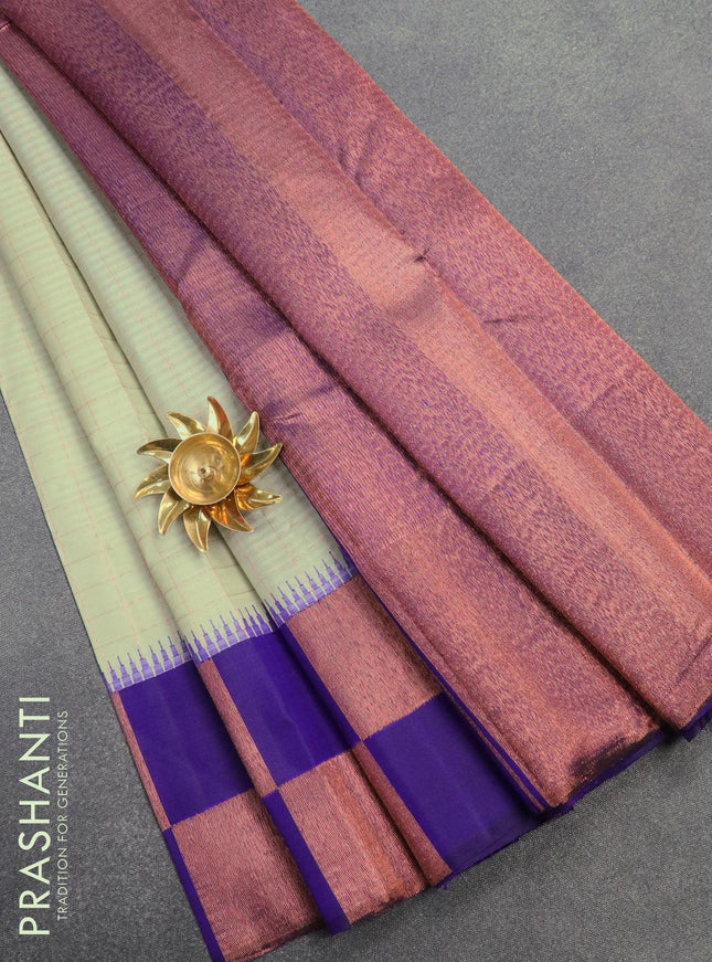 Pure kanjivaram silk saree pastel grey and blue with allover zari checked pattern and copper zari woven box type border - {{ collection.title }} by Prashanti Sarees
