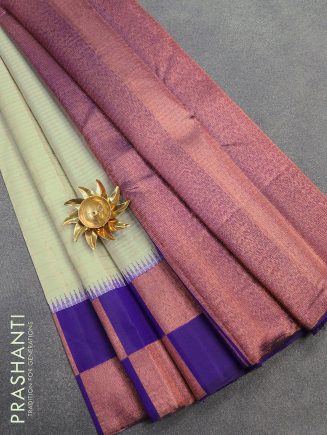 Pure kanjivaram silk saree pastel grey and blue with allover zari checked pattern and copper zari woven box type border - {{ collection.title }} by Prashanti Sarees