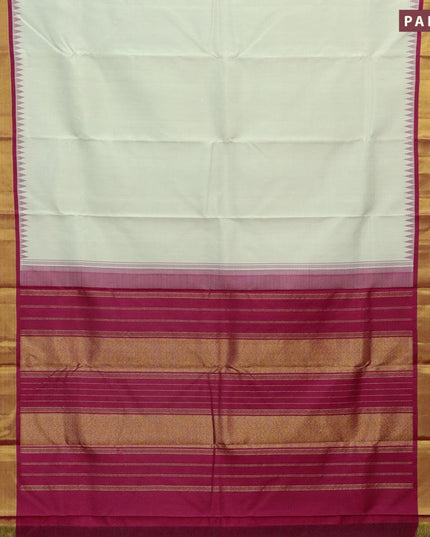 Pure kanjivaram silk saree pastel grey shade and dark pink with plain body and raising temple design zari woven border - {{ collection.title }} by Prashanti Sarees