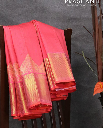 Pure kanjivaram silk saree peach pink with allover self emboss and long zari woven border Self emboss - {{ collection.title }} by Prashanti Sarees