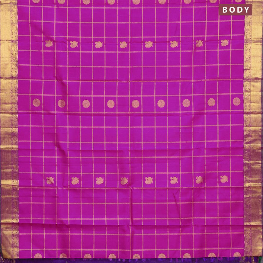 Pure kanjivaram silk saree pink and dual shade of green with allover zari checked pattern annam & rudhraksha buttas and elephant & annam zari woven border - {{ collection.title }} by Prashanti Sarees