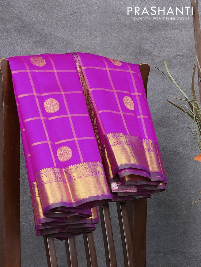 Pure kanjivaram silk saree pink and dual shade of green with allover zari checked pattern annam & rudhraksha buttas and elephant & annam zari woven border - {{ collection.title }} by Prashanti Sarees