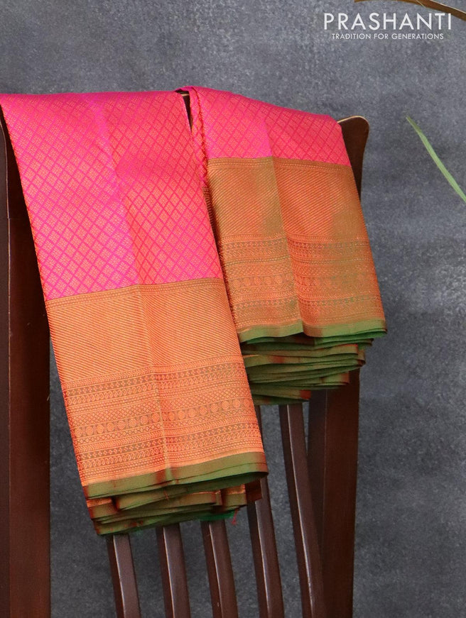 Pure kanjivaram silk saree pink and green shade with allover copper zari woven buttas and copper zari woven border - {{ collection.title }} by Prashanti Sarees