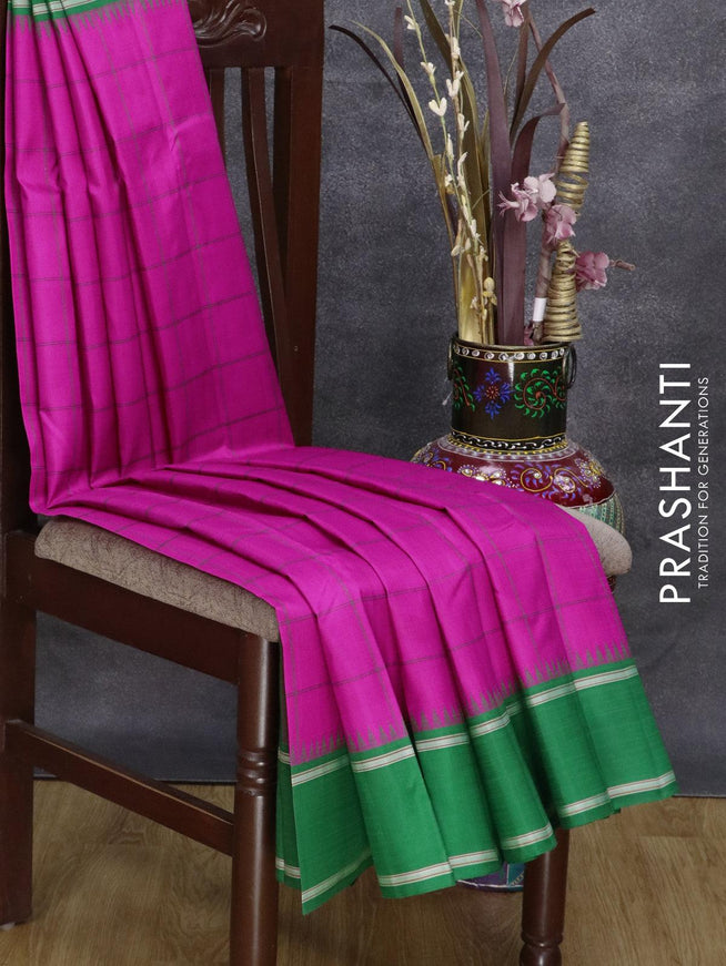 Pure kanjivaram silk saree pink and green with allover checked pattern and temple design simple border - {{ collection.title }} by Prashanti Sarees