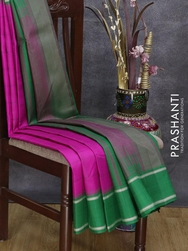 Pure kanjivaram silk saree pink and green with allover checked pattern and temple design simple border - {{ collection.title }} by Prashanti Sarees