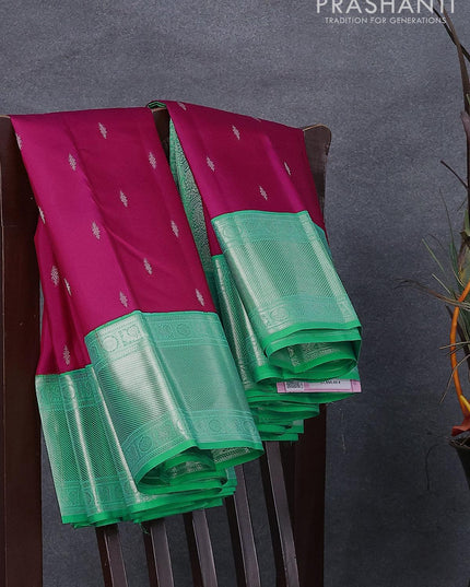 Pure kanjivaram silk saree pink and teal green with allover silver zari woven buttas and silver zari woven border - {{ collection.title }} by Prashanti Sarees