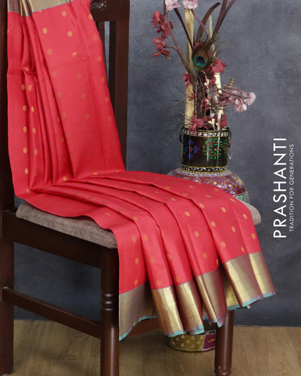 Pure kanjivaram silk saree pink shade and teal blue with zari woven buttas and zari woven border LBX4154 - {{ collection.title }} by Prashanti Sarees
