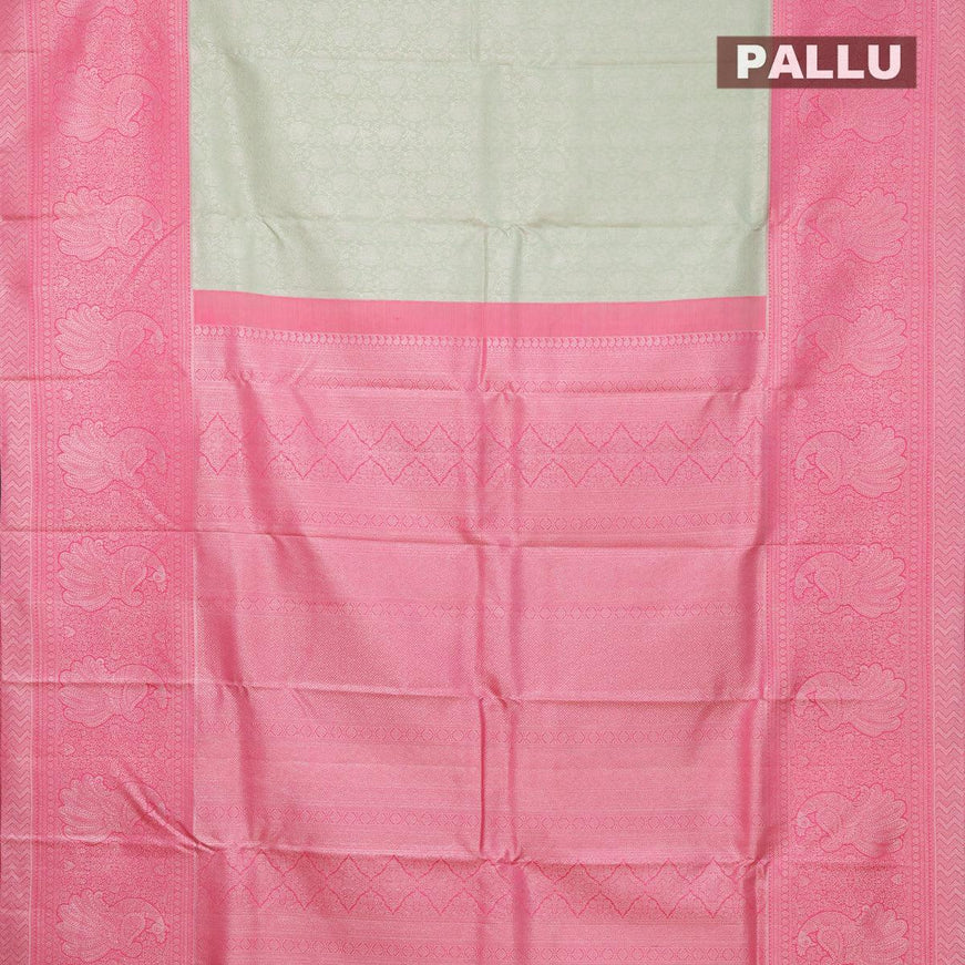 Pure kanjivaram silk saree pista green and light pink with allover silver woven floral design weaves and rich silver zari woven peacock design border - {{ collection.title }} by Prashanti Sarees