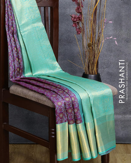 Pure kanjivaram silk saree purple and teal blue with allover self emboss and long zari woven border Emboss weaves - {{ collection.title }} by Prashanti Sarees