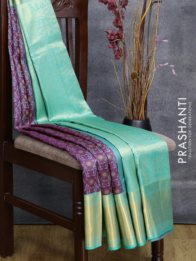 Pure kanjivaram silk saree purple and teal blue with allover self emboss and long zari woven border Emboss weaves - {{ collection.title }} by Prashanti Sarees
