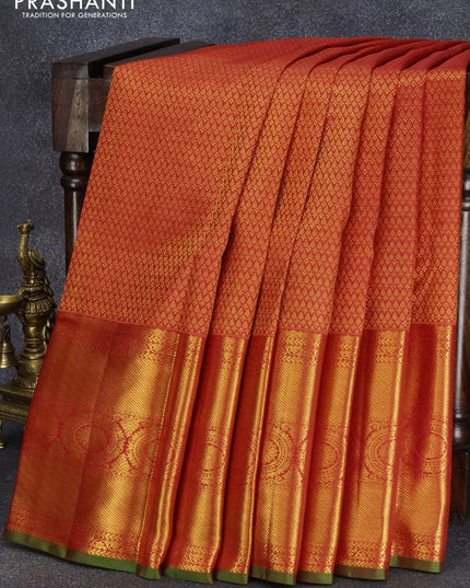 Pure kanjivaram silk saree red and green with allover zari woven brocade weaves and long rich zari woven floral border - {{ collection.title }} by Prashanti Sarees