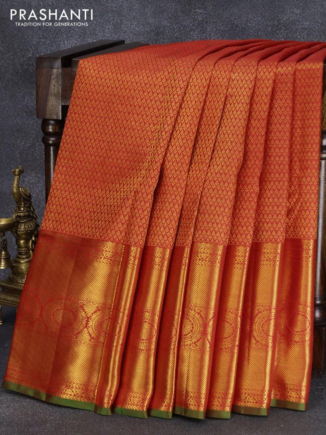 Pure kanjivaram silk saree red and green with allover zari woven brocade weaves and long rich zari woven floral border - {{ collection.title }} by Prashanti Sarees