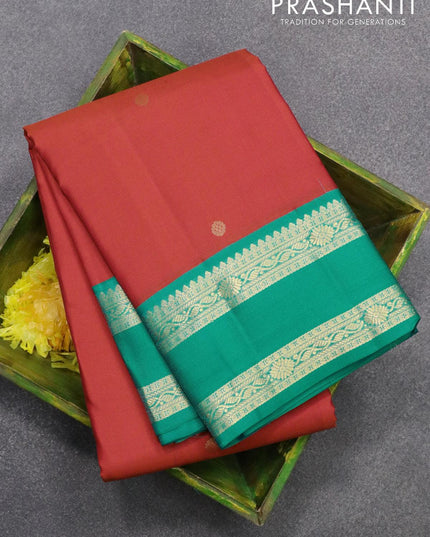 Pure kanjivaram silk saree reddish orange and teal blue with zari woven buttas and rettapet zari woven korvai border - {{ collection.title }} by Prashanti Sarees
