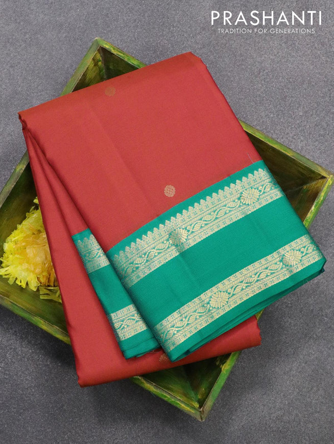 Pure kanjivaram silk saree reddish orange and teal blue with zari woven buttas and rettapet zari woven korvai border - {{ collection.title }} by Prashanti Sarees