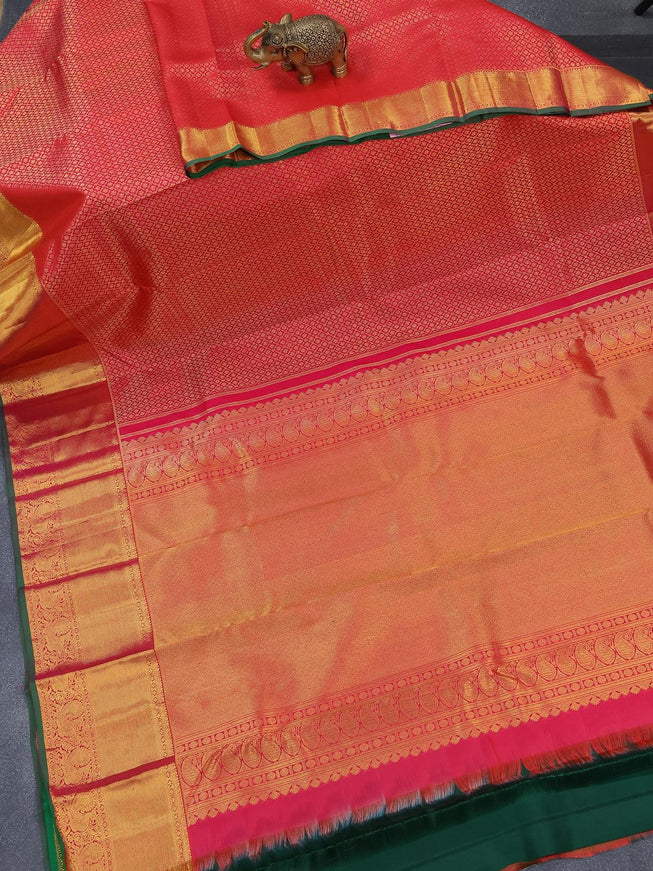Pure kanjivaram silk saree reddish pink and green with allover zari woven brocade pattern and annam design zari woven bavanji border - {{ collection.title }} by Prashanti Sarees