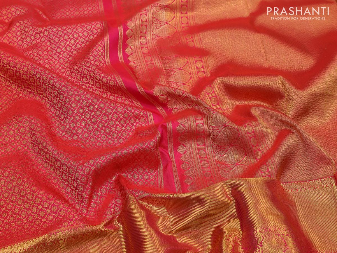 Pure kanjivaram silk saree reddish pink and green with allover zari woven brocade pattern and annam design zari woven bavanji border - {{ collection.title }} by Prashanti Sarees