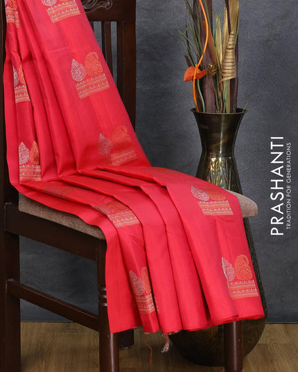 Pure kanjivaram silk saree reddish pink and pastel grey with copper & silver zari woven buttas in borderless style - {{ collection.title }} by Prashanti Sarees