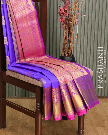 Pure kanjivaram silk saree royal blue and pink with zari woven box type buttas and rich zari woven border - {{ collection.title }} by Prashanti Sarees