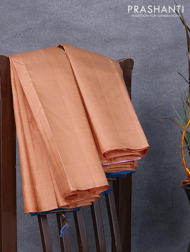 Pure kanjivaram silk saree sandal and cs blue with allover copper zari stripes pattern in borderless style - {{ collection.title }} by Prashanti Sarees