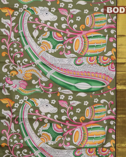Pure kanjivaram silk saree sap green and green with allover kalamkari digital print & zari weaves and zari woven border - {{ collection.title }} by Prashanti Sarees