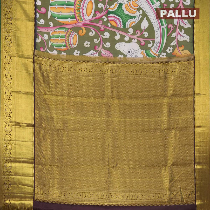 Pure kanjivaram silk saree sap green and green with allover kalamkari digital print & zari weaves and zari woven border - {{ collection.title }} by Prashanti Sarees