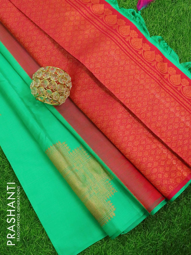 Pure Kanjivaram silk saree sea green and pink with copper zari woven buttas in borderless style - {{ collection.title }} by Prashanti Sarees