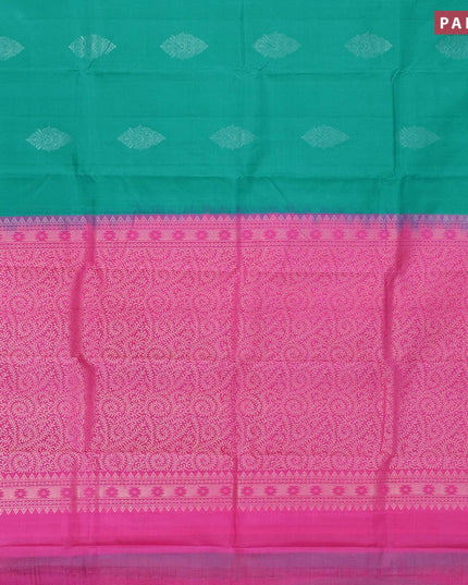 Pure kanjivaram silk saree teal blue and pink shade with silver zari woven buttas in borderless style - {{ collection.title }} by Prashanti Sarees