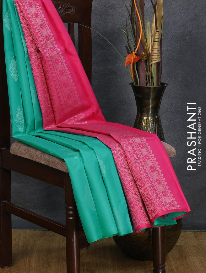 Pure kanjivaram silk saree teal blue and pink with silver zari woven buttas in borderless style - {{ collection.title }} by Prashanti Sarees