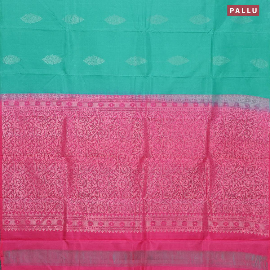 Pure kanjivaram silk saree teal blue and pink with silver zari woven buttas in borderless style - {{ collection.title }} by Prashanti Sarees