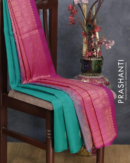 Pure kanjivaram silk saree teal blue and pink with zari woven annam buttas in borderless style - {{ collection.title }} by Prashanti Sarees