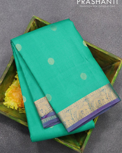 Pure kanjivaram silk saree teal blue and purple shade with rudhraksha zari woven buttas and elephant zari woven border - {{ collection.title }} by Prashanti Sarees