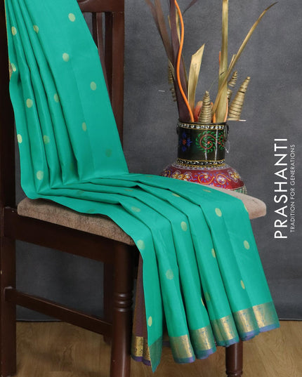 Pure kanjivaram silk saree teal blue and purple shade with rudhraksha zari woven buttas and elephant zari woven border - {{ collection.title }} by Prashanti Sarees