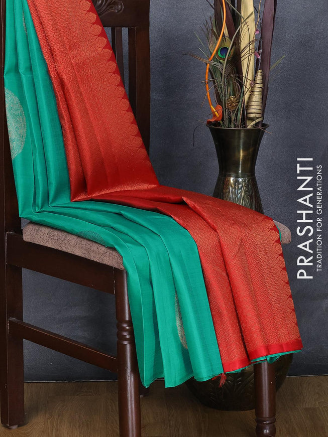 Pure kanjivaram silk saree teal blue and red with zari woven buttas in borderless style - {{ collection.title }} by Prashanti Sarees