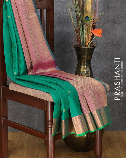 Pure kanjivaram silk saree teal green and green with allover self emboss and zari woven border - {{ collection.title }} by Prashanti Sarees
