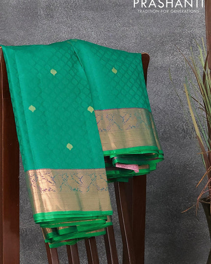 Pure kanjivaram silk saree teal green and green with allover self emboss and zari woven border - {{ collection.title }} by Prashanti Sarees