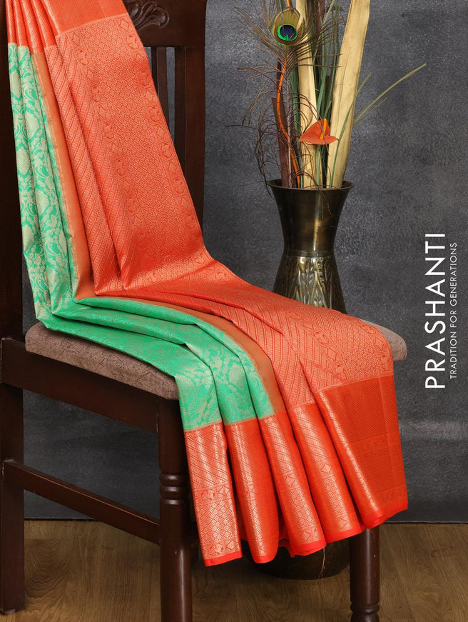 Pure kanjivaram silk saree teal green and orange with allover zari woven brocade weaves and zari woven border - {{ collection.title }} by Prashanti Sarees