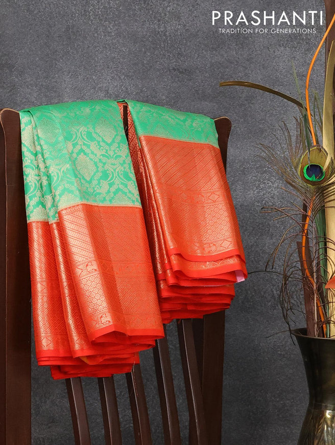 Pure kanjivaram silk saree teal green and orange with allover zari woven brocade weaves and zari woven border - {{ collection.title }} by Prashanti Sarees
