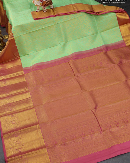 Pure kanjivaram silk saree teal green and pink shade with allover zari woven brocade weaves and long rich zari woven paisley design border - {{ collection.title }} by Prashanti Sarees