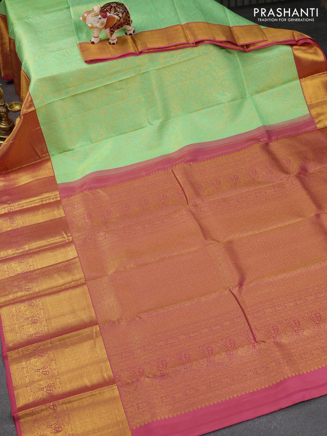 Pure kanjivaram silk saree teal green and pink shade with allover zari woven brocade weaves and long rich zari woven paisley design border - {{ collection.title }} by Prashanti Sarees