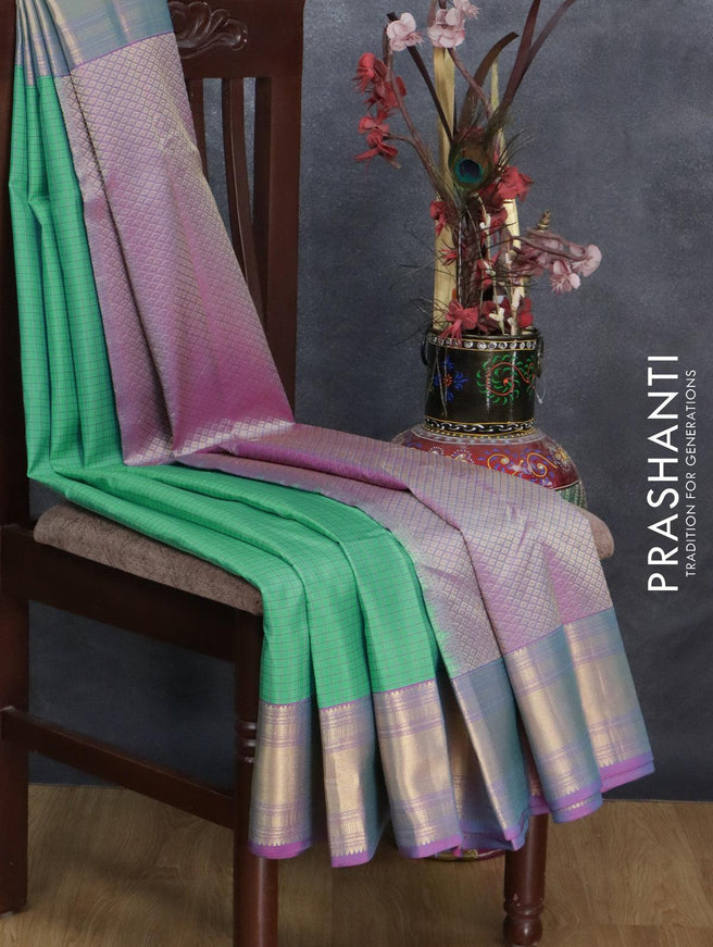 Pure kanjivaram silk saree teal green and pink with allover checked pattern and zari woven border - {{ collection.title }} by Prashanti Sarees