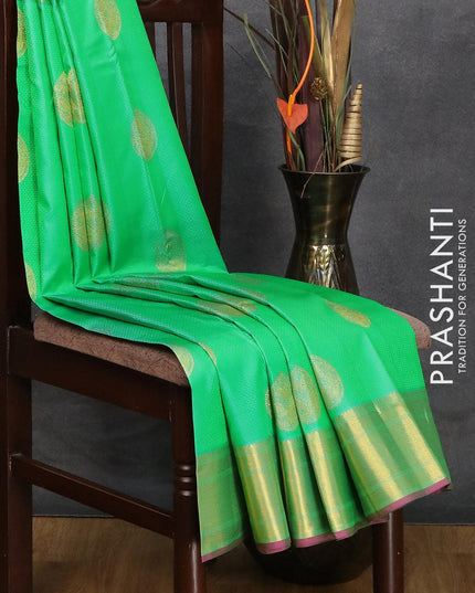 Pure kanjivaram silk saree teal green and purple with allover self emboss & zari buttas and rich zari woven border Self emboss buttas - {{ collection.title }} by Prashanti Sarees