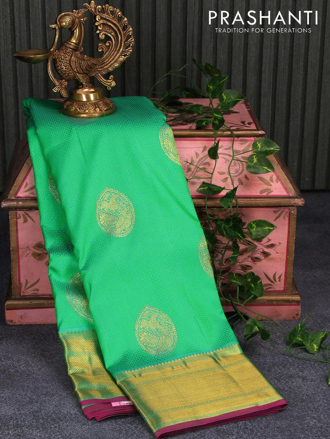 Pure kanjivaram silk saree teal green and purple with allover self emboss & zari buttas and rich zari woven border Self emboss buttas - {{ collection.title }} by Prashanti Sarees